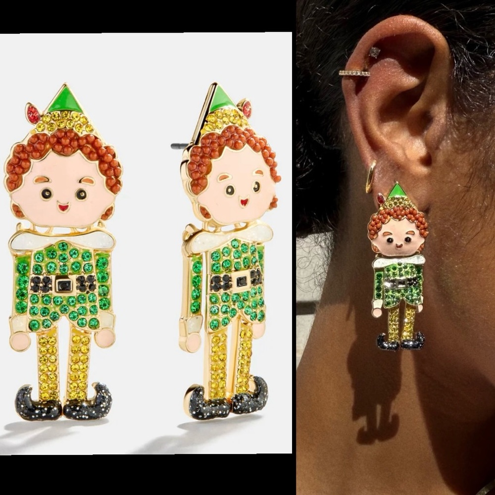 BaubleBar Buddy Elf Christmas rhinestone earrings / NEW packaging / cross posted
